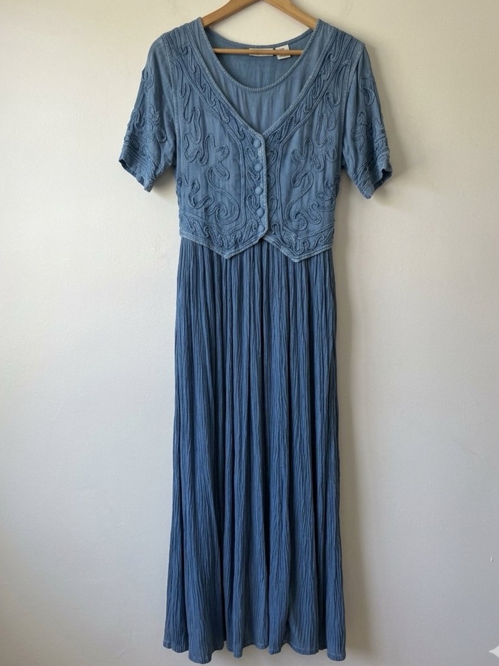 Vintage LGS Boho Embroidered Faux-Vest Maxi Dress | Slate Blue Crinkle Knit 14
